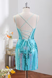 Blue Tight Sparkly Corset Homecoming Dress with Lace-up Back