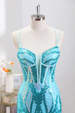 Blue Tight Sparkly Corset Homecoming Dress with Lace-up Back