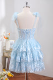 Blue Sparkly Tiered Cute Homecoming Dress with Appliques