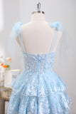 Blue Sparkly Tiered Cute Homecoming Dress with Appliques
