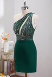 Dark Green One Shoulder Sparkly Tight Homecoming Dress