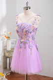 Purple Tulle Cute Homecoming Dress with 3D Flowers