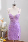 Lilac Spaghetti Strap Sparkly Homecoming Dress with Slit