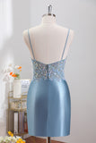 Dusty Blue Tight Sparkly Homecoming Dress with Appliques