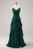 Dark Green Ruffled Spaghetti Straps Bridesmaid Dress