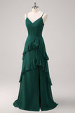 Dark Green Ruffled Spaghetti Straps Bridesmaid Dress