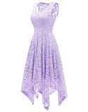 Lace V-Neck Sleeveless Handkerchief Hem Asymmetrical Midi Cocktail Dress