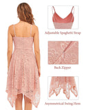 Lace Adjustable Spaghetti Strap Backless Handkerchief Hem Asymmetrical Dress