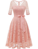 Elegant Floral Lace A-Line Tea Length with Sleeves Retro Wedding Guest Dress