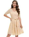 Elegant Floral Lace A-Line Tea Length with Sleeves Retro Cocktail Dress