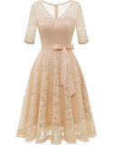 Elegant Floral Lace A-Line Tea Length with Sleeves Retro Cocktail Dress
