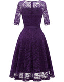 Elegant Floral Lace A-Line Tea Length with Sleeves Retro Semi Formal Dress