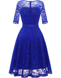 Elegant Floral Lace A-Line Tea Length with Sleeves Retro Wedding Guest Dress
