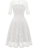 Elegant Floral Lace A-Line Tea Length with Sleeves Retro Semi Formal Dress
