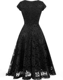 Elegant Lace V-Neck A-line Cap Sleeves Midi Prom Cocktail Dress