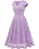 Elegant Lace V-Neck A-line Cap Sleeves Midi Prom Cocktail Dress