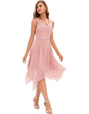 Floral Lace Top and Chiffon V-neck A-line Asymmetrical Hem Midi Prom Dress