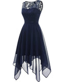 Floral Lace and Chiffon V-neck A-line Asymmetrical Hem Midi Prom Dress