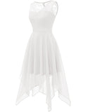 Floral Lace Top and Chiffon V-neck A-line Asymmetrical Hem Midi Prom Dress