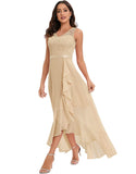 Long Lace Chiffon Ruffle Asymmetrical Hem A-line Sleeveless Party Dress