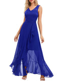 Long Lace Chiffon Ruffle Asymmetrical Hem A-line Formal Wedding Guest Dress